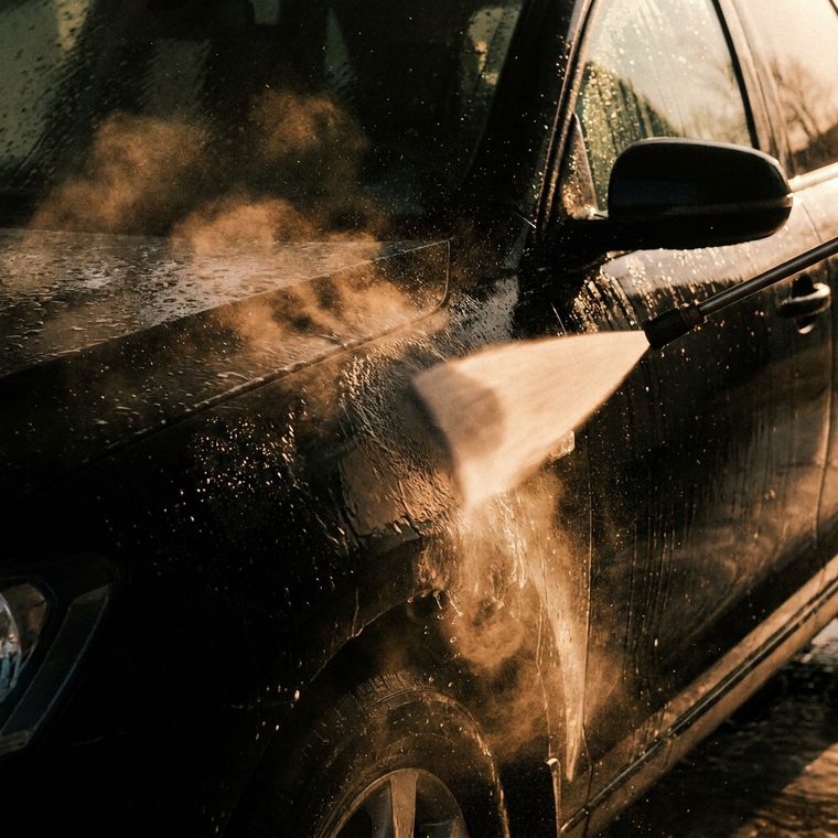 Струя воды под давлением смывает грязь с кузова